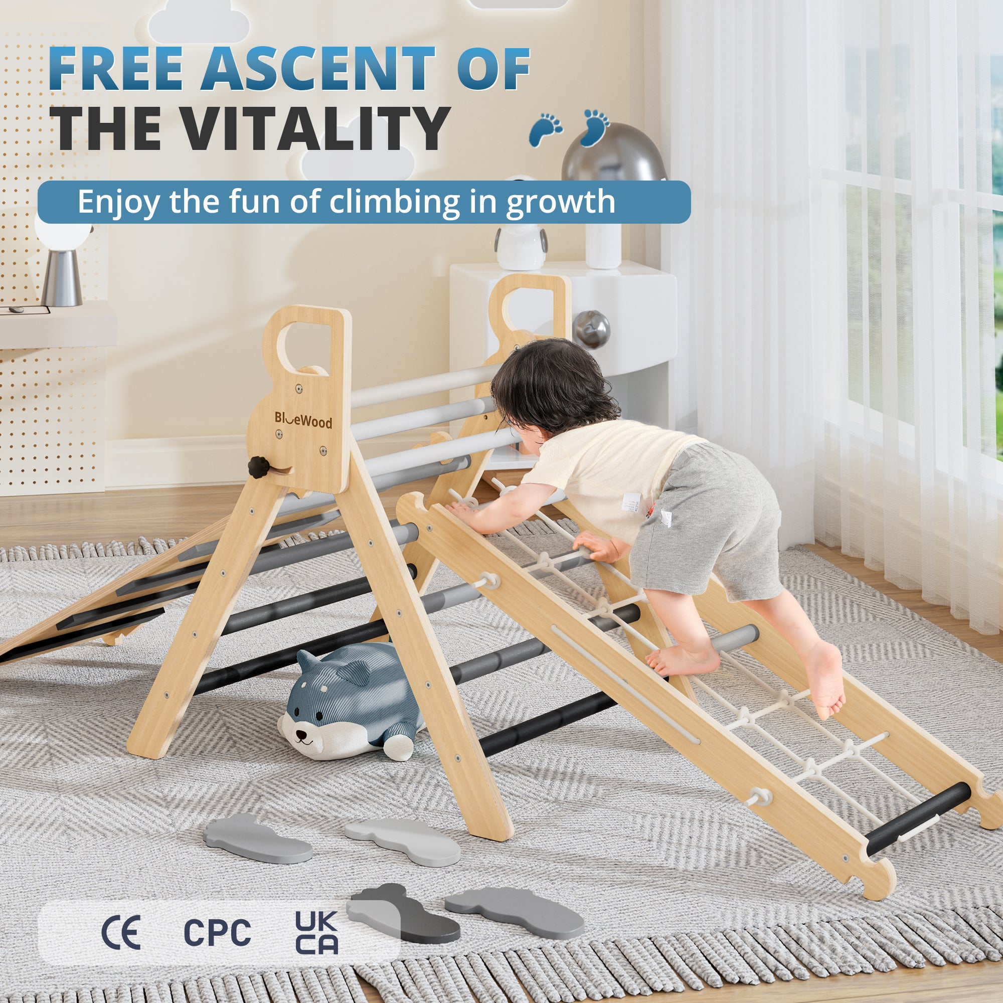 Ramble- BlueWood® Pikler Triangle Playset with Rope Ladder *Pebbles